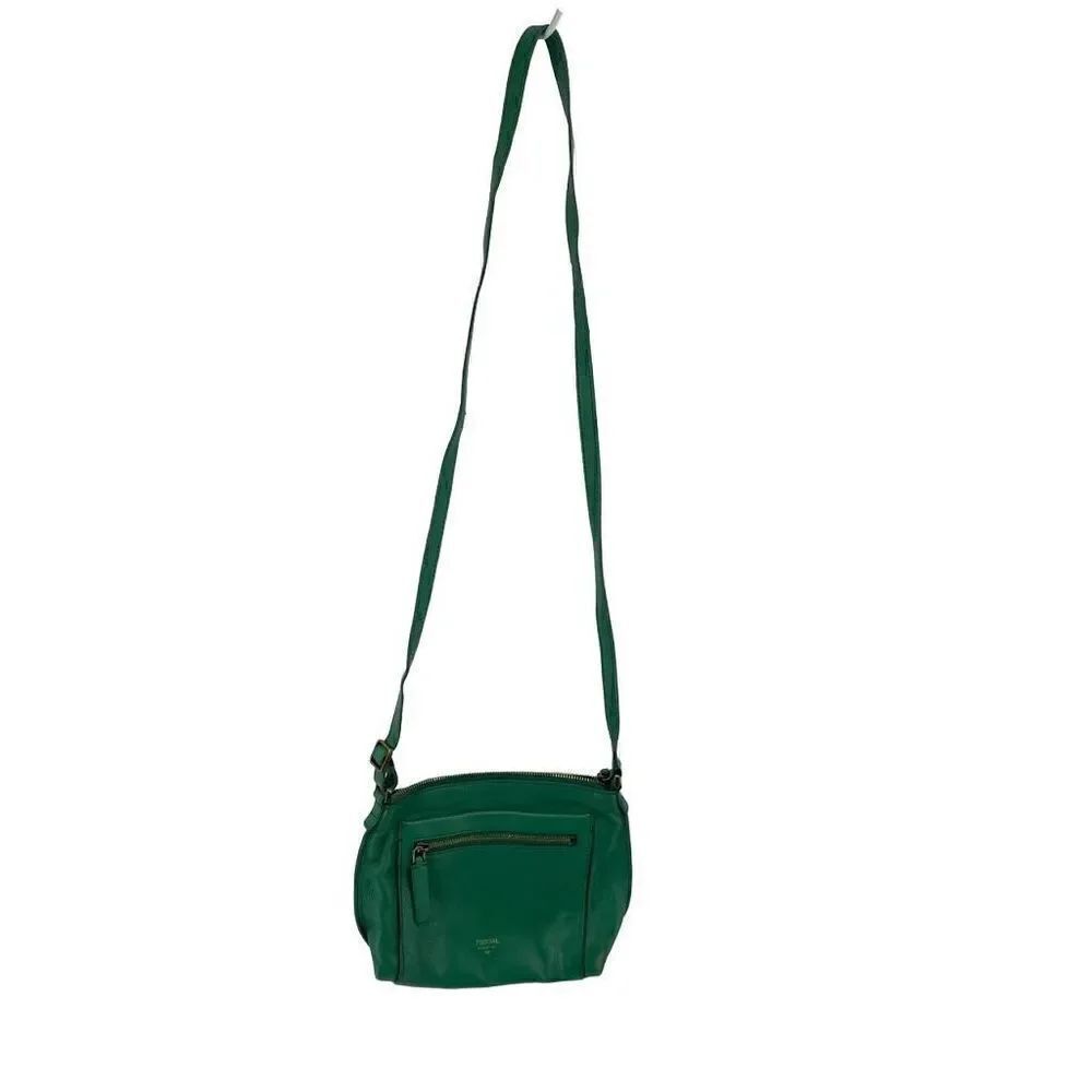 Fossil Womens Crossbody Bag Leather Multiple Pockets Zip Adjustable Strap Green